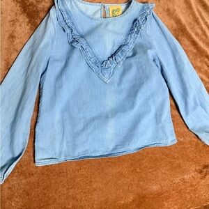 There Abouts Med 10/12 Blue Ruffled Denim Kids Blouse Shirt Long Sleeve